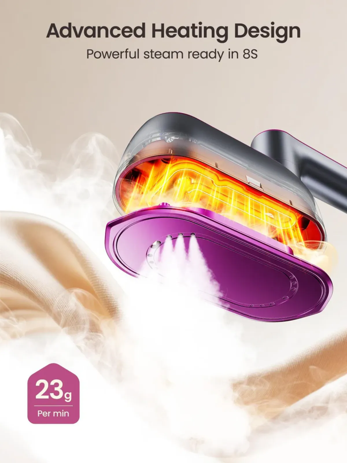 Advanced heating design — powerful steam ready in 8 seconds at 23 grams per minute.